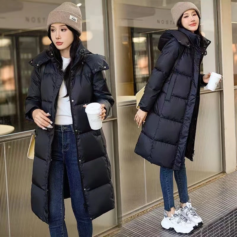 2023冬季新款鹅绒重工羽绒服连帽保暖气质收腰过膝113-1