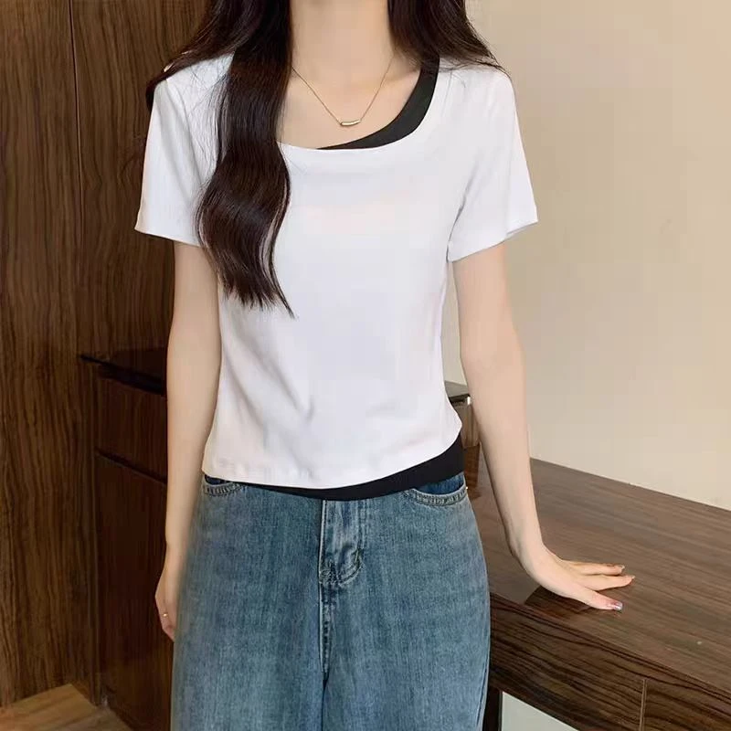 221设计感假两件短袖t恤女装2024新款修身纯欲短款上衣