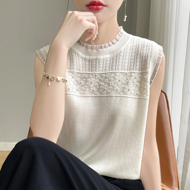 夏季薄款莱赛尔天丝针织短袖女圆领蕾丝上衣宽松显瘦气质百搭背心