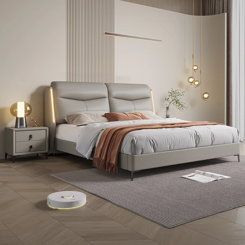 意式纳帕皮床轻奢智能床头灯双人床主卧大床皮艺储物实木床