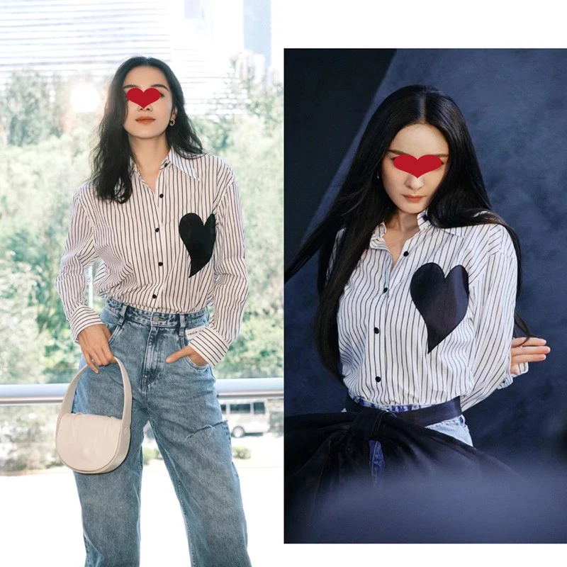 杨幂宋佳同款爱心形竖条纹衬衫女春秋港风洋气宽松上衣服穿搭黑白