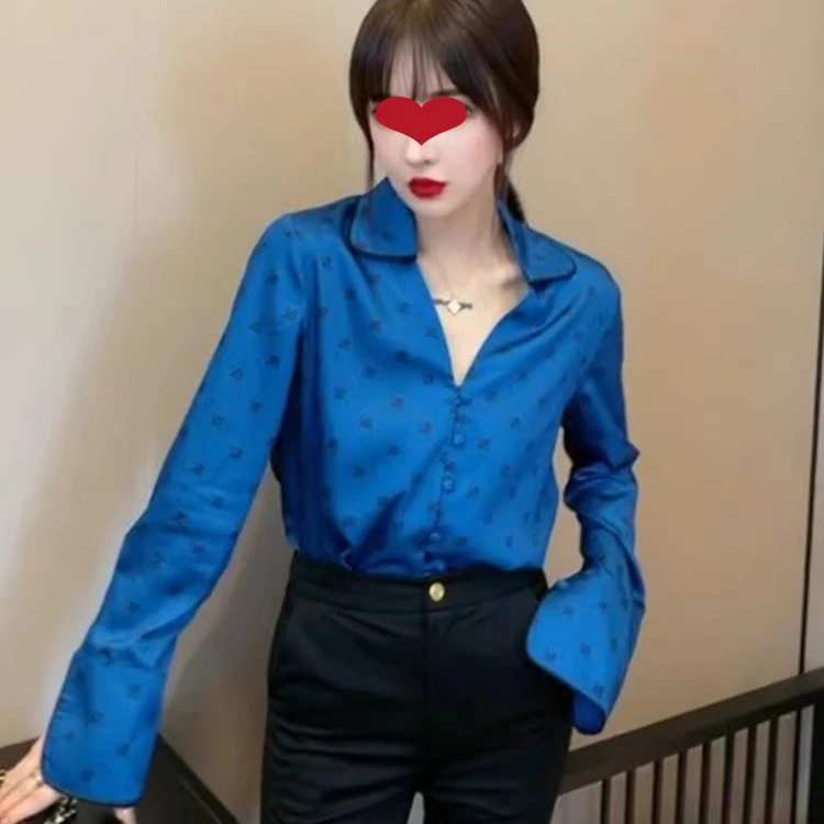 明星同款欧洲站欧货宝蓝色衬衫女上衣服早秋气质V领喇叭袖宝石蓝