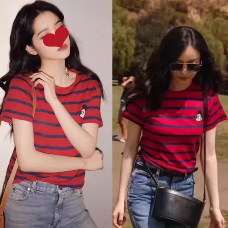 欧阳娜娜倪妮明星同款上衣服刺绣红条纹短袖T恤体恤女装流金岁月