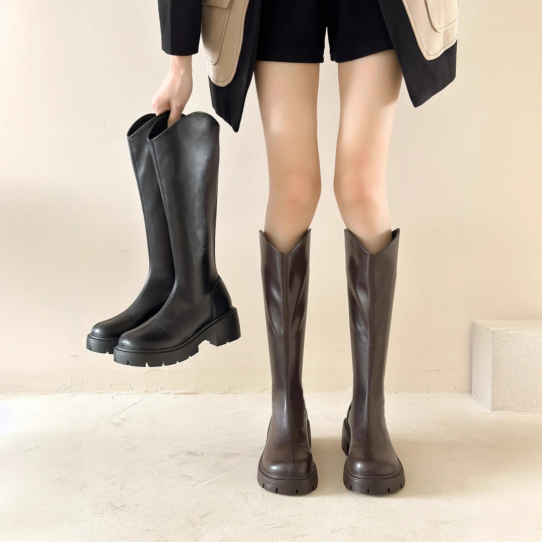 长靴女2025年秋冬新款v口靴粗跟不过膝靴子厚底骑士靴弹力高筒靴.