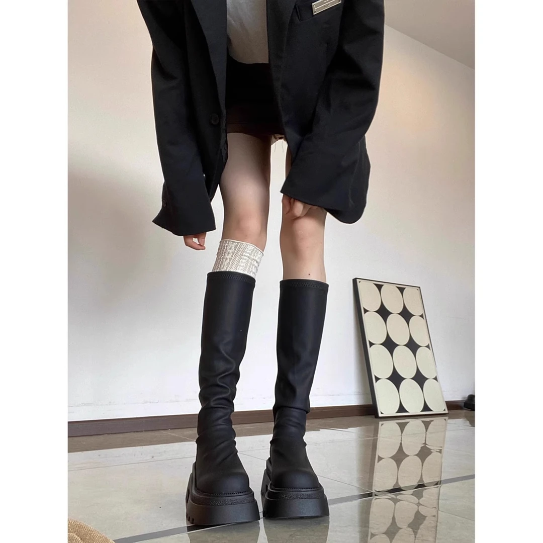 厚底高筒靴新款韩版秋冬瘦瘦长筒靴小个子粗跟不过膝堆堆长靴女