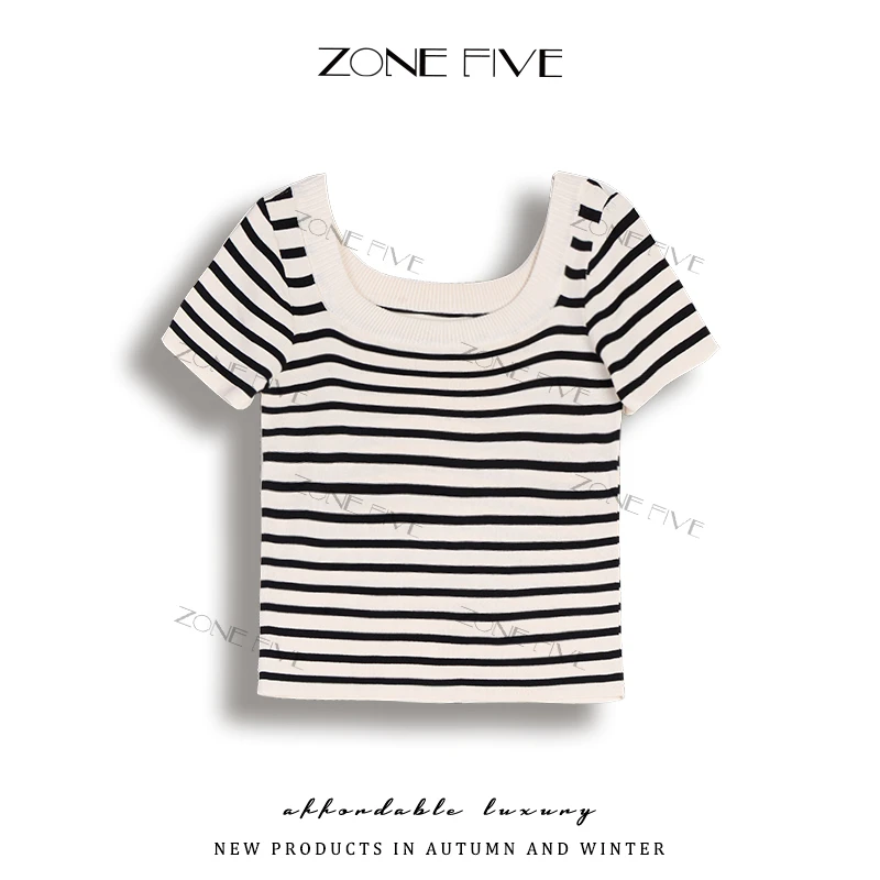 【zonefive】法式U领曲珠冰丝条纹针织衫正肩短袖短款弹力修身T恤