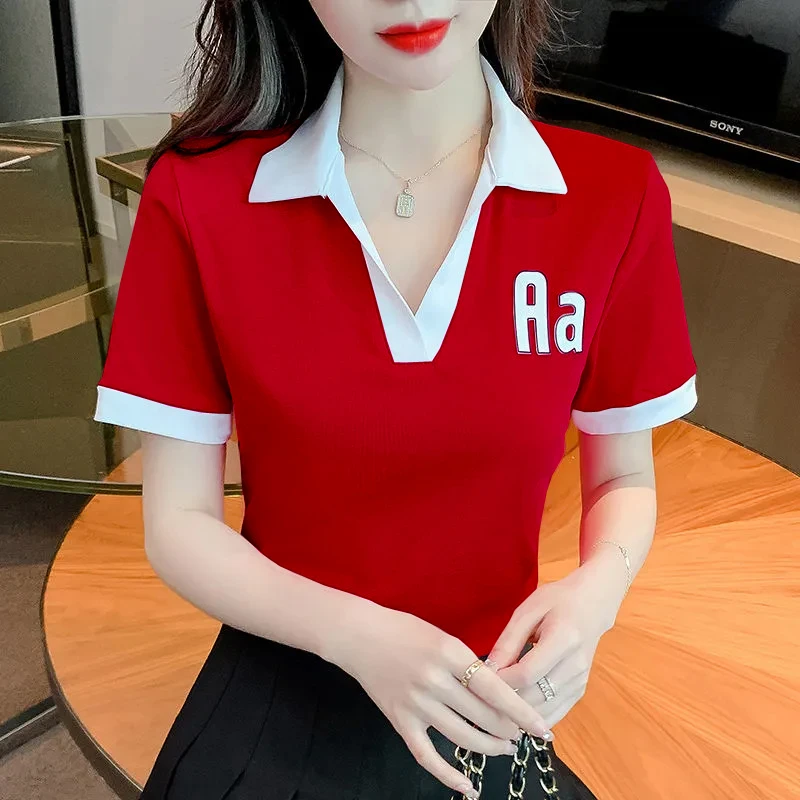 短款t恤女短袖2025年新款夏季设计感小众时尚别致撞色Polo领上衣
