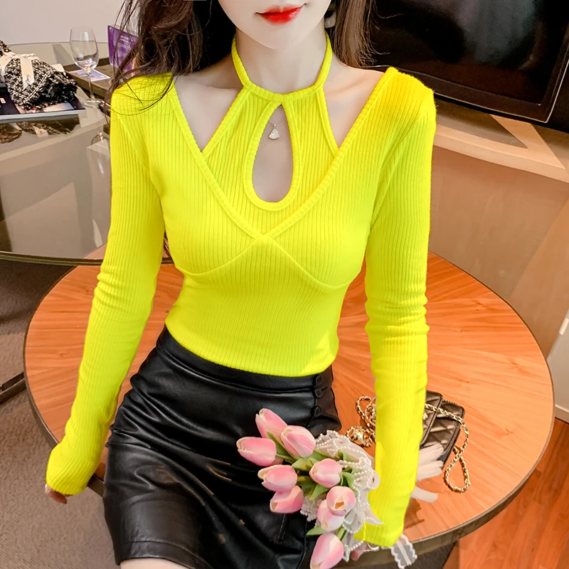 打底衫2025新款女秋冬挂脖镂空长袖t恤设计感时尚洋气假两件上衣