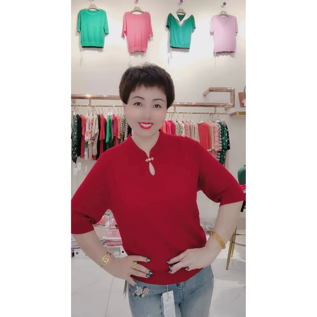 68 新中式国风红色中袖上衣夏季网红时尚百搭修身显瘦毛衣针织衫