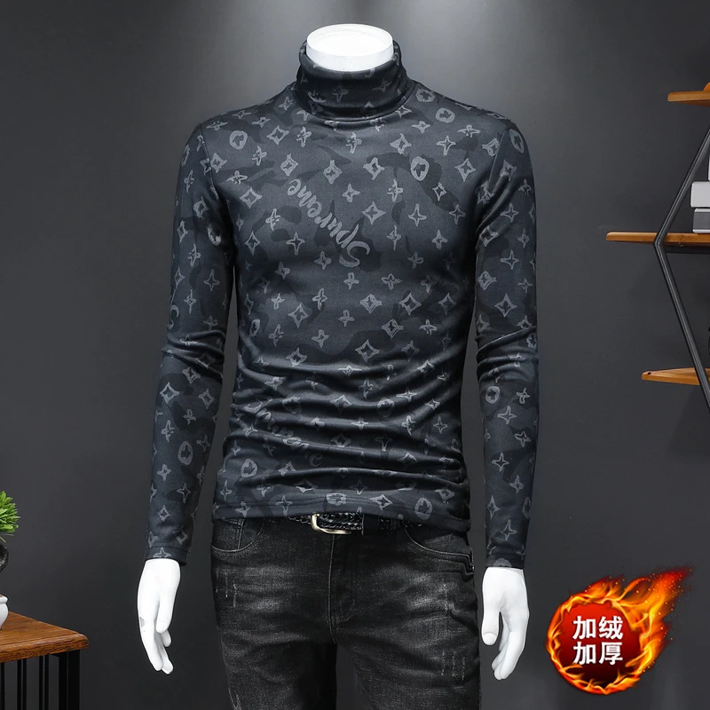 2024秋冬新款男士印花高领打底衫长袖T恤高翻领衫男加绒加厚T恤男
