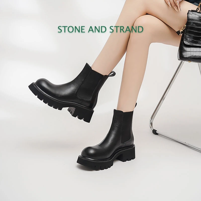 Stone and Strand粗高跟烟筒靴女短筒切尔西靴S-1215（不加绒）*