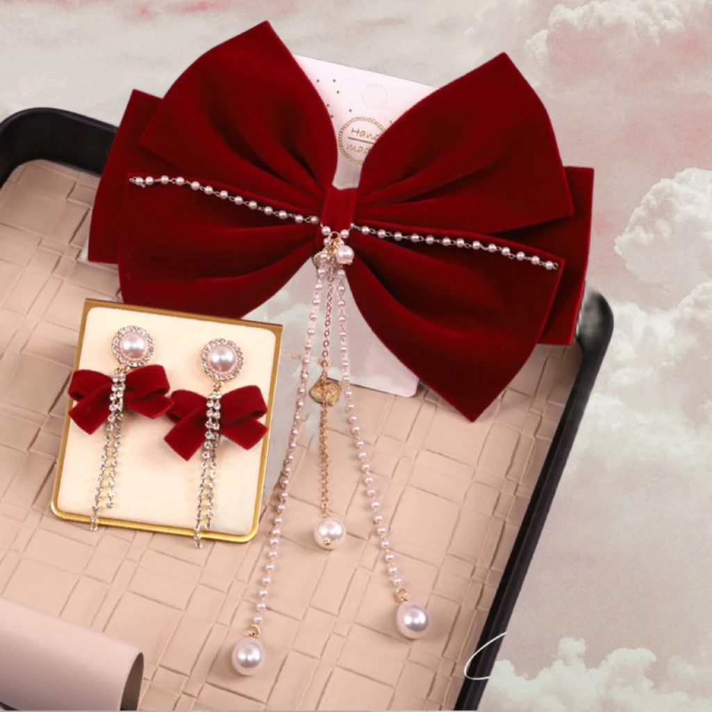 法式红色丝绒流苏蝴蝶结大气新娘敬酒服头饰复古礼服结婚新娘头饰