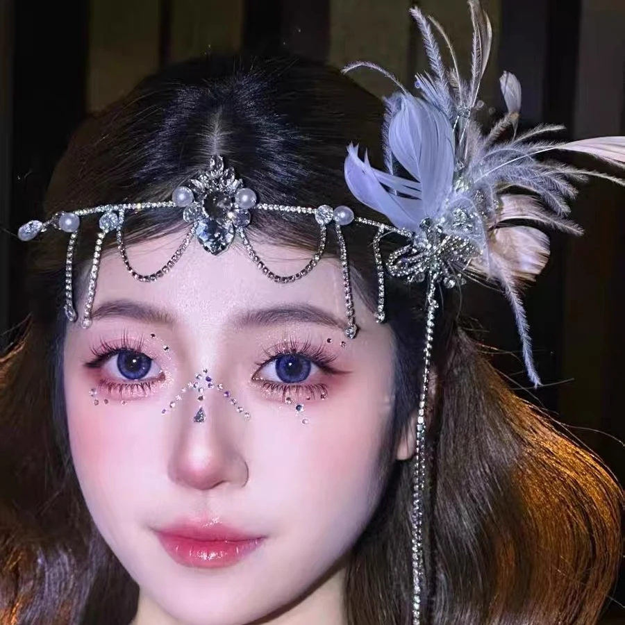 新款异域风皇冠流苏羽毛发箍额饰梦幻公主写真婚纱婚礼样片配饰品