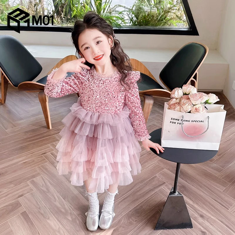 M01女童渐变裙子粉色春秋款2024小女孩宝宝公主裙秋季洋气连衣裙