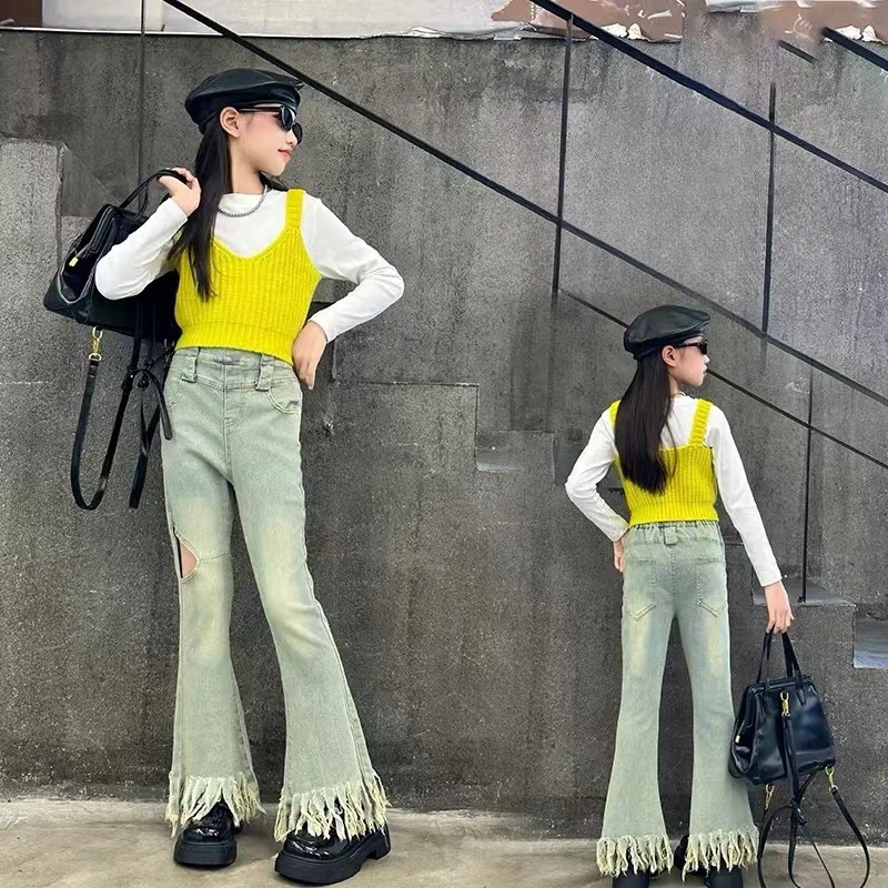 女童2025春季新款韩版百搭舒适高弹流苏牛仔裤A3797