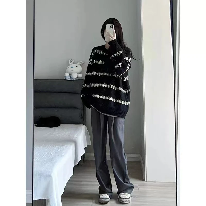 女士2024秋冬新款宽松慵懒风条纹中长款针织毛衣亲子A2339