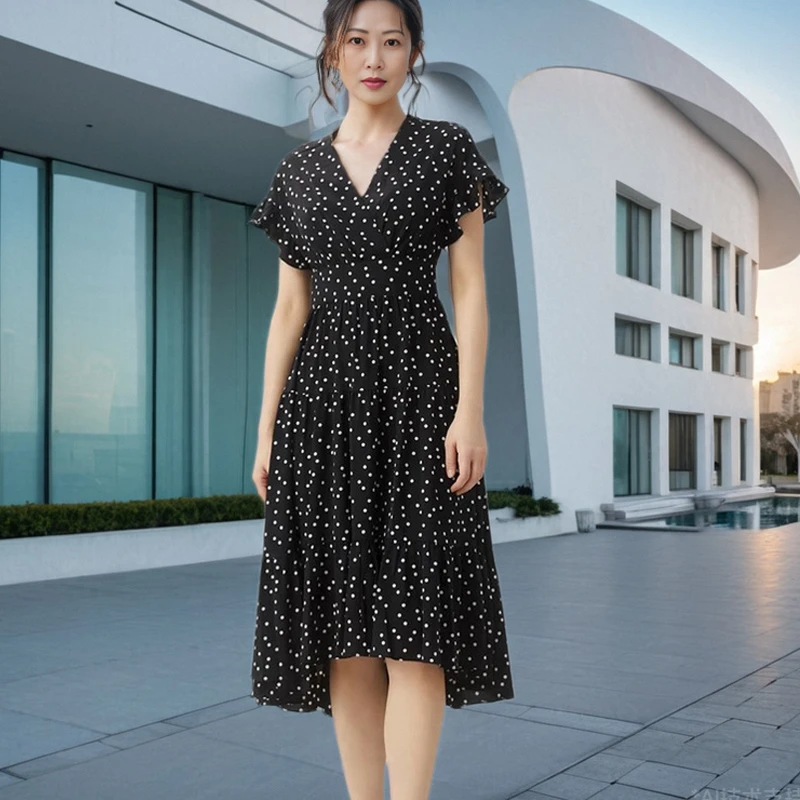 A家同款连衣裙女夏季时尚气质学院风V领收腰波点印花前短后长裙子