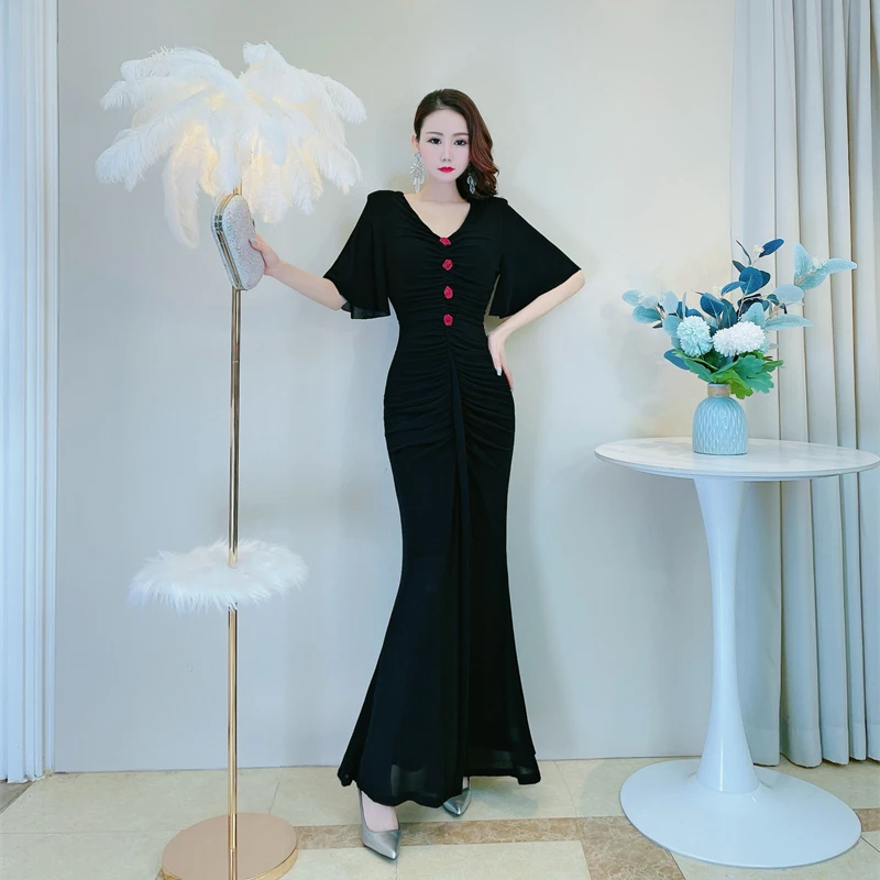 高级感名媛优雅气质鱼尾长裙修身显瘦遮肚子V领褶皱女人味连衣裙