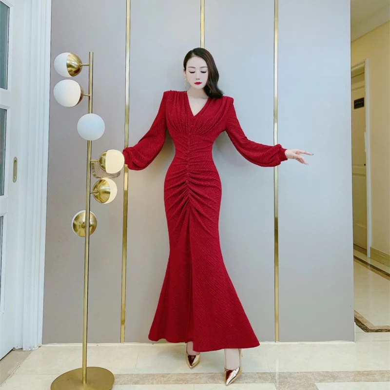 名媛气质时尚减龄优雅修身显瘦开叉鱼尾长裙V领褶皱遮肚子连衣裙