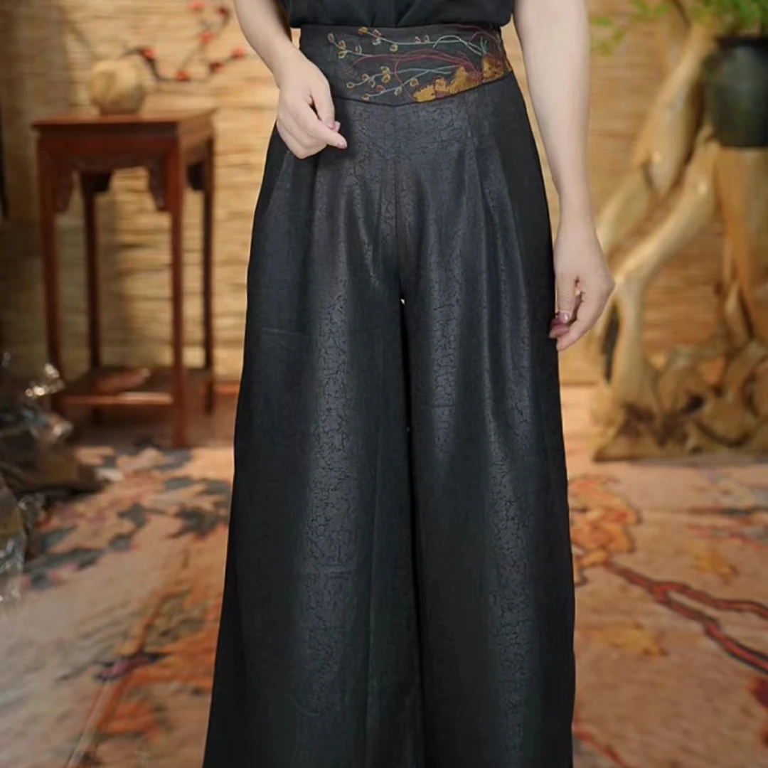 【加绒加厚】秋冬新款长裤高腰阔腿裤中国风显瘦洋气百搭刺绣直筒裤
