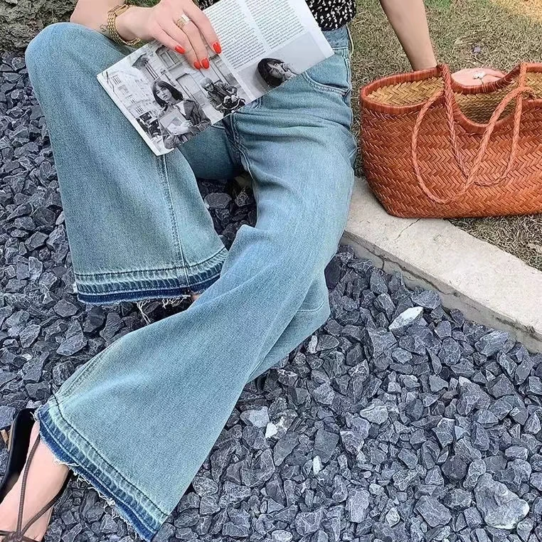 （杜）浅蓝拼接撞色毛边牛仔裤女2024春夏新款高腰阔腿裤
