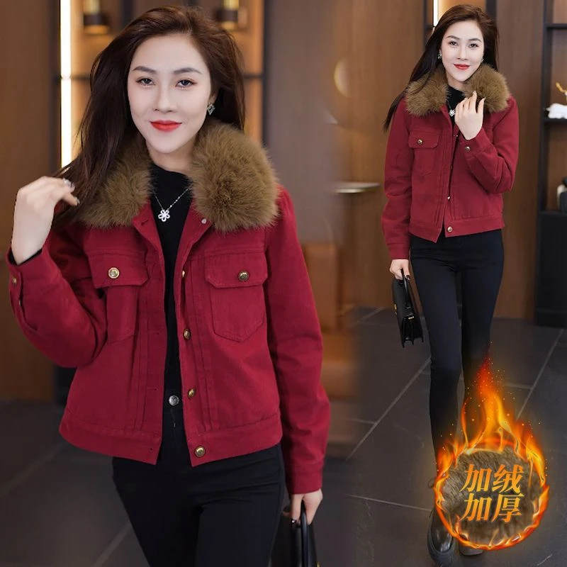 加绒加厚牛仔棉服女2023年秋冬季新款大毛领洋气百搭保暖牛仔棉袄