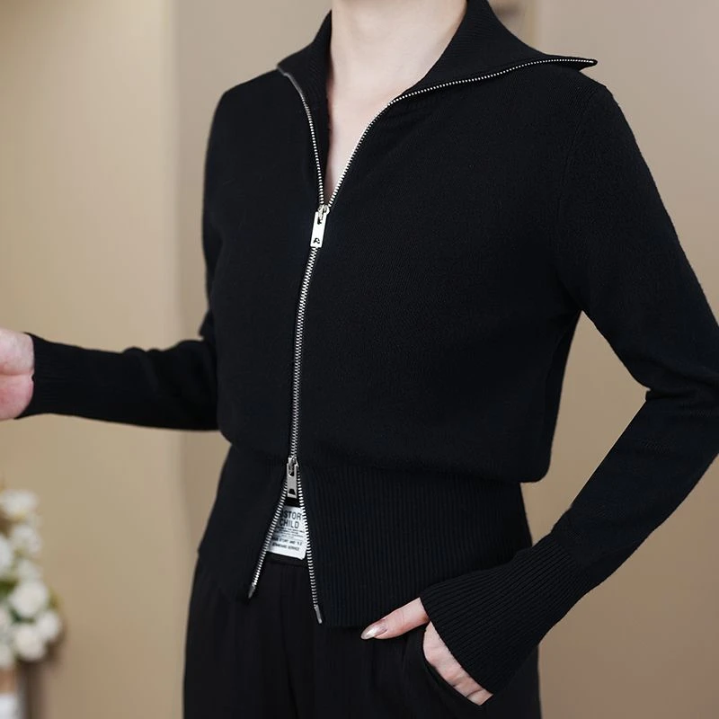 立领短款长袖T恤女士冬季2022今年新款小个子拉链针织衫上衣春秋