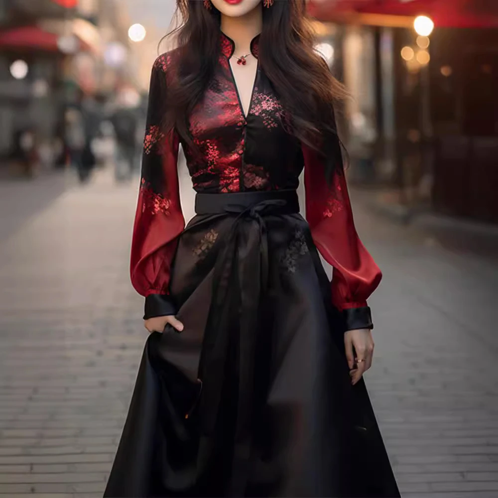 新中式国风高端v领红色印花衬衫马面裙两件套装女装春装2024新款