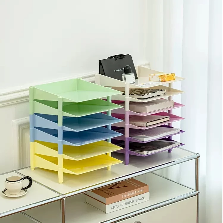 网红多巴胺文件架办公室资料收纳架子北欧桌面多层置物架家用简易