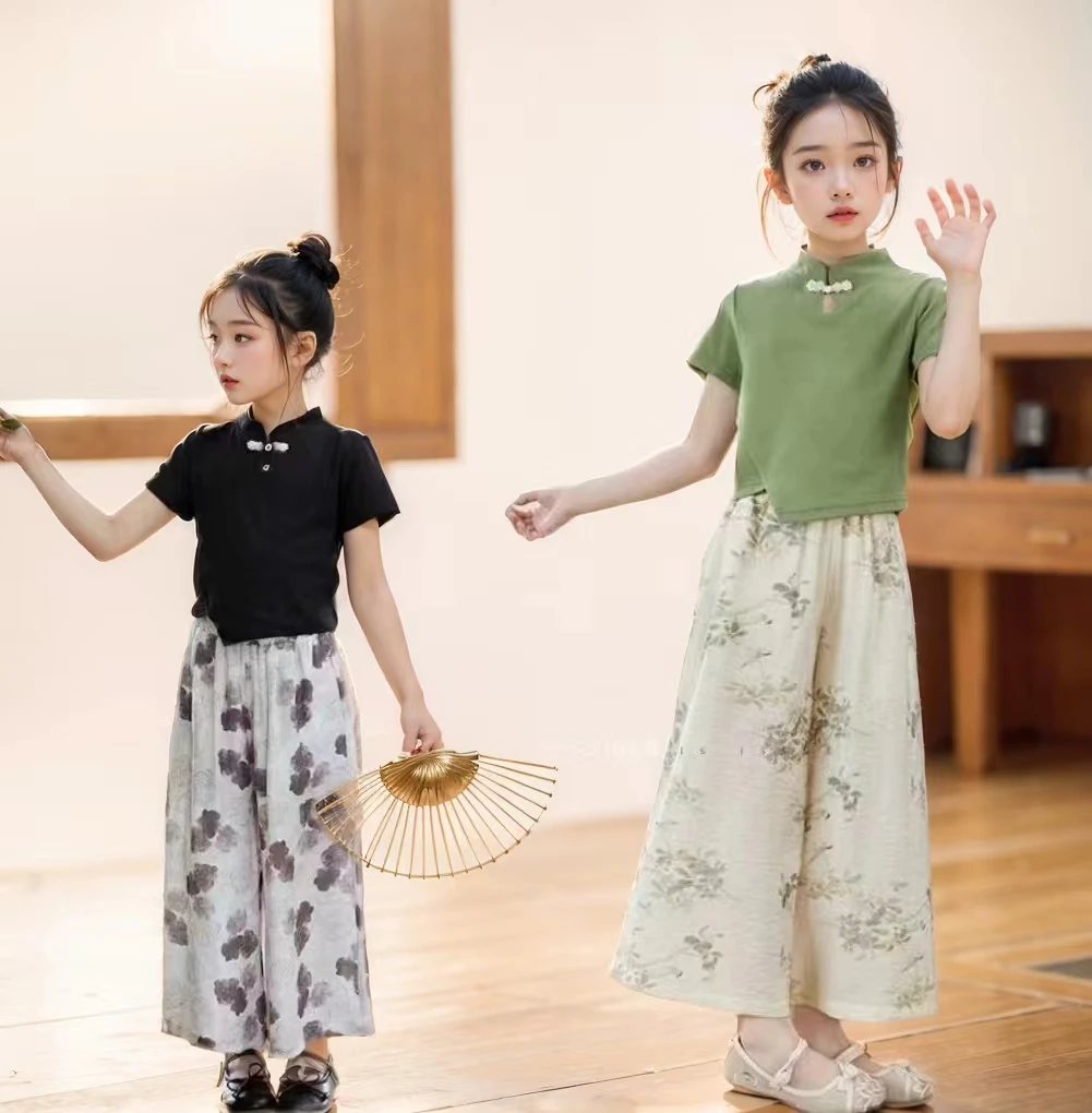 夏季女童新中式国风套装2024新款洋气盘扣短袖儿童长裤两件套夏装