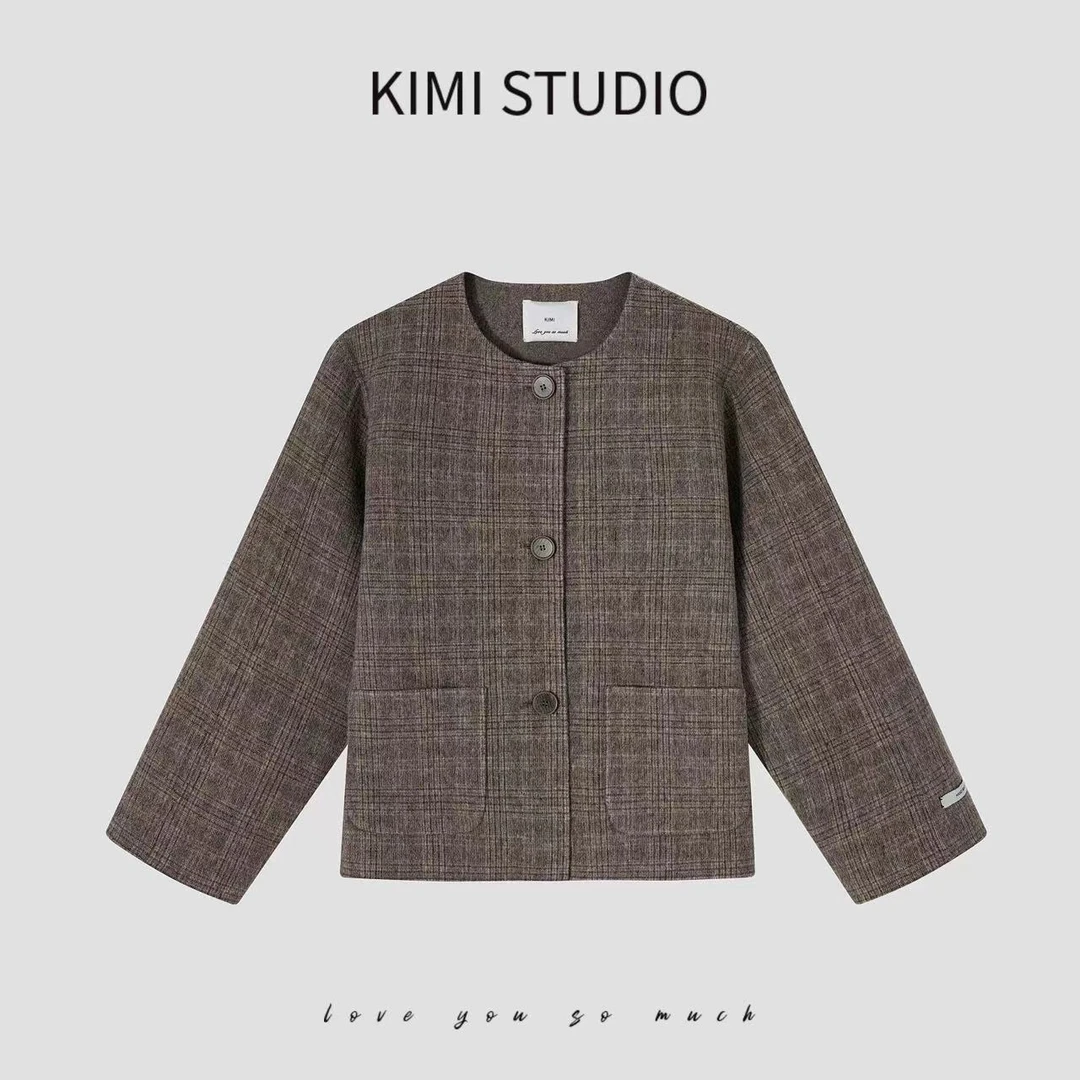 KIMI 100%澳毛进口面料双面手缝羊毛大衣格纹羊毛短款外套AW24382