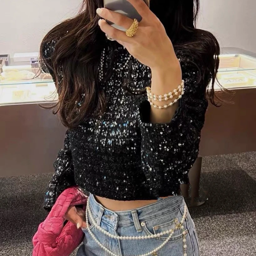 AW231355  年会战袍气质小香风亮片拉链上衣