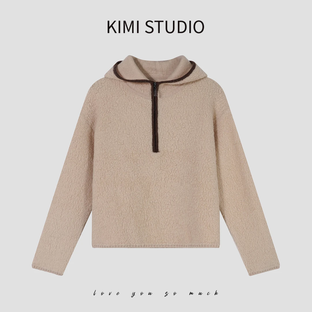 KIMI 100羊剪毛撞色边半拉链连帽外套AW241037