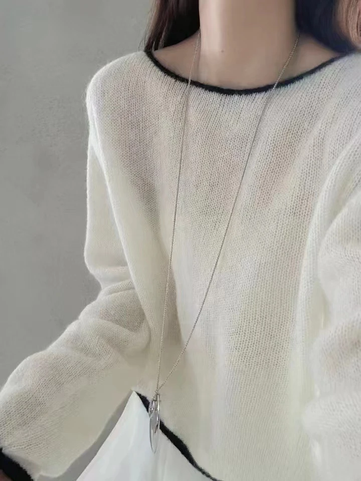 KIMI小心机拼色边针织网红秋冬套头撞色边圆领打底毛衣女AW24614