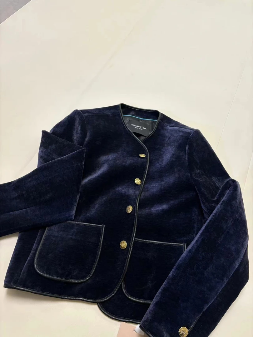 KIMI设计师轻奢蛋白皮包边天鹅绒外套AW24810