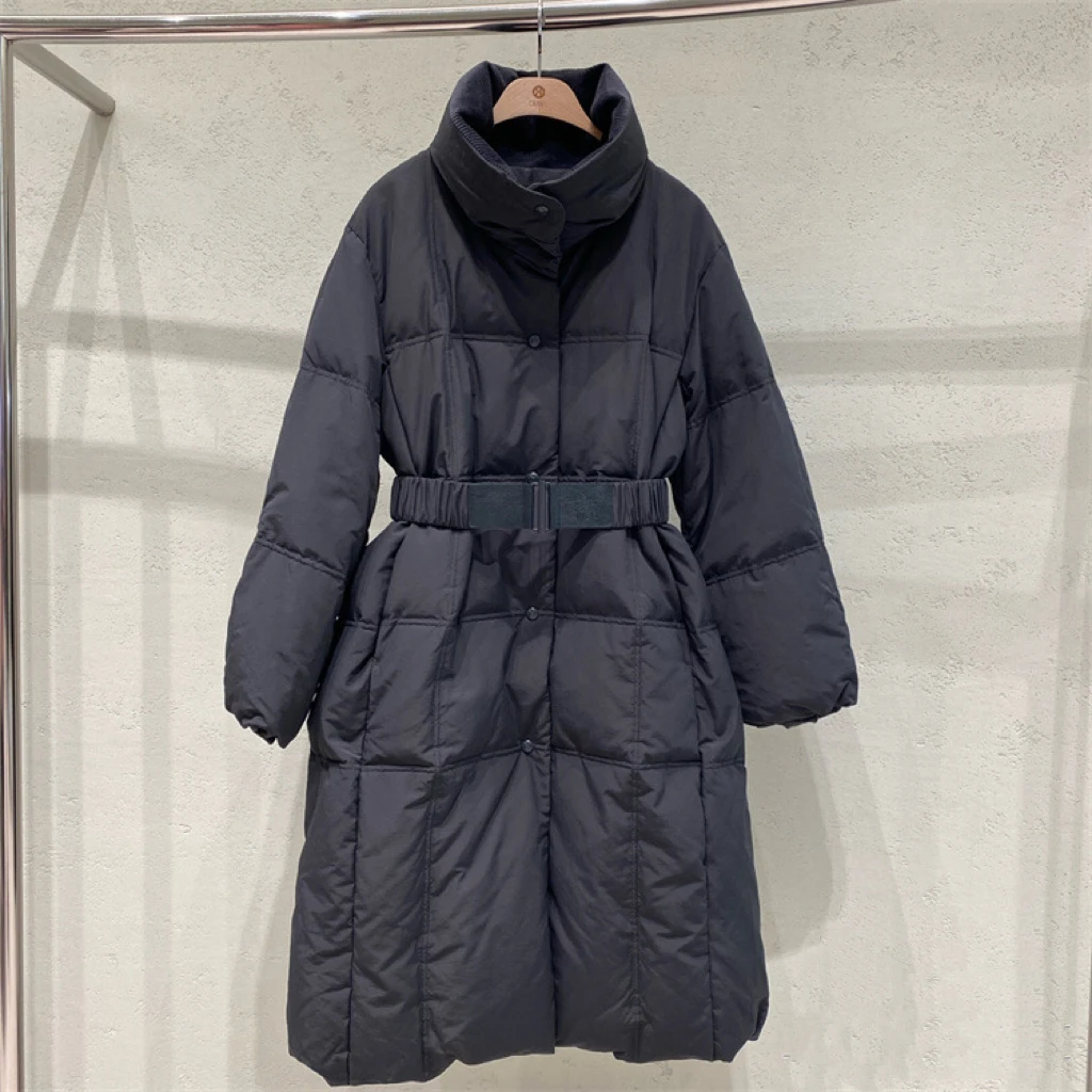 AW231045   灯芯绒领拼接腰带长款鹅绒服