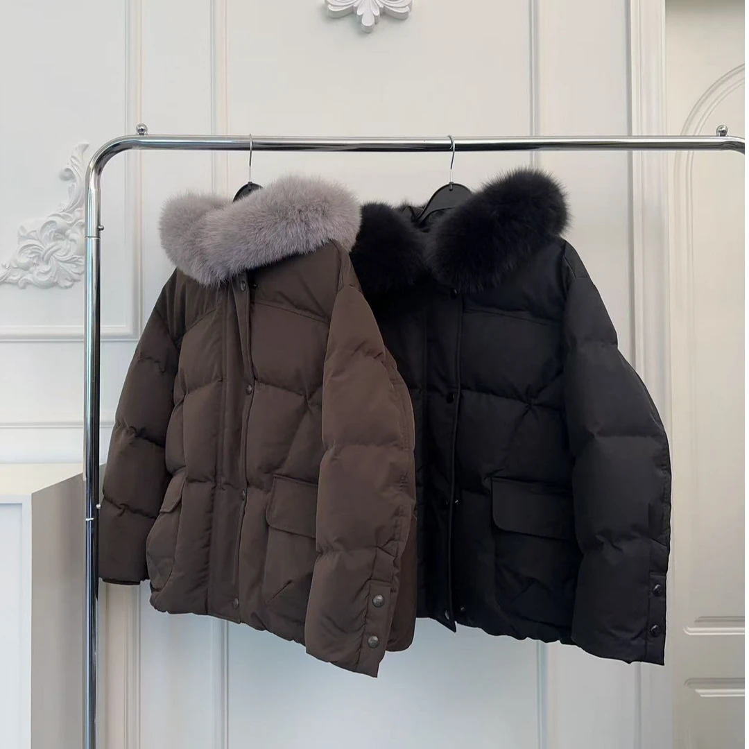 AW241307   zooc狐狸毛领连帽短款鹅绒服