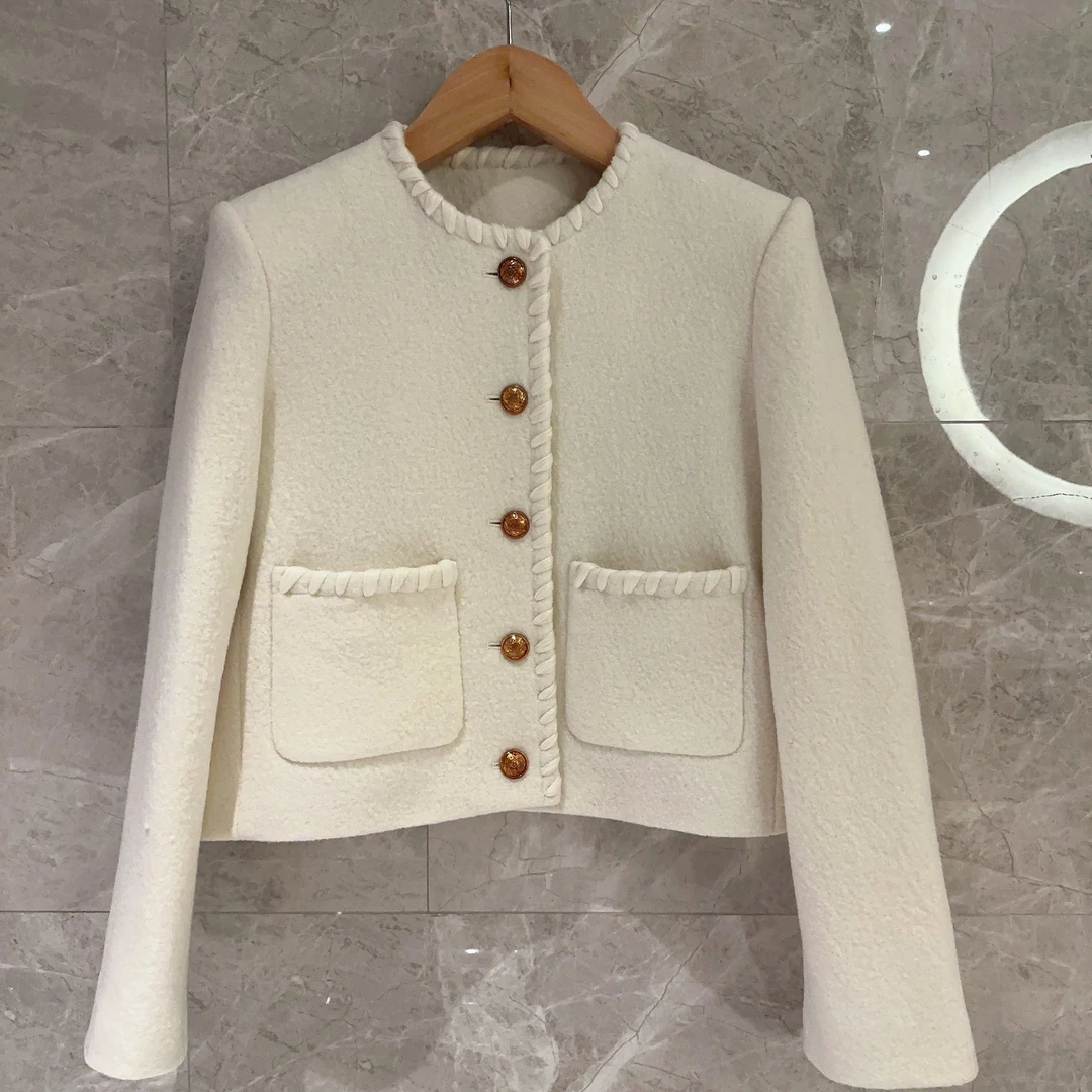 AW23290  老钱风100羊毛手工编织边圆领小香风外套