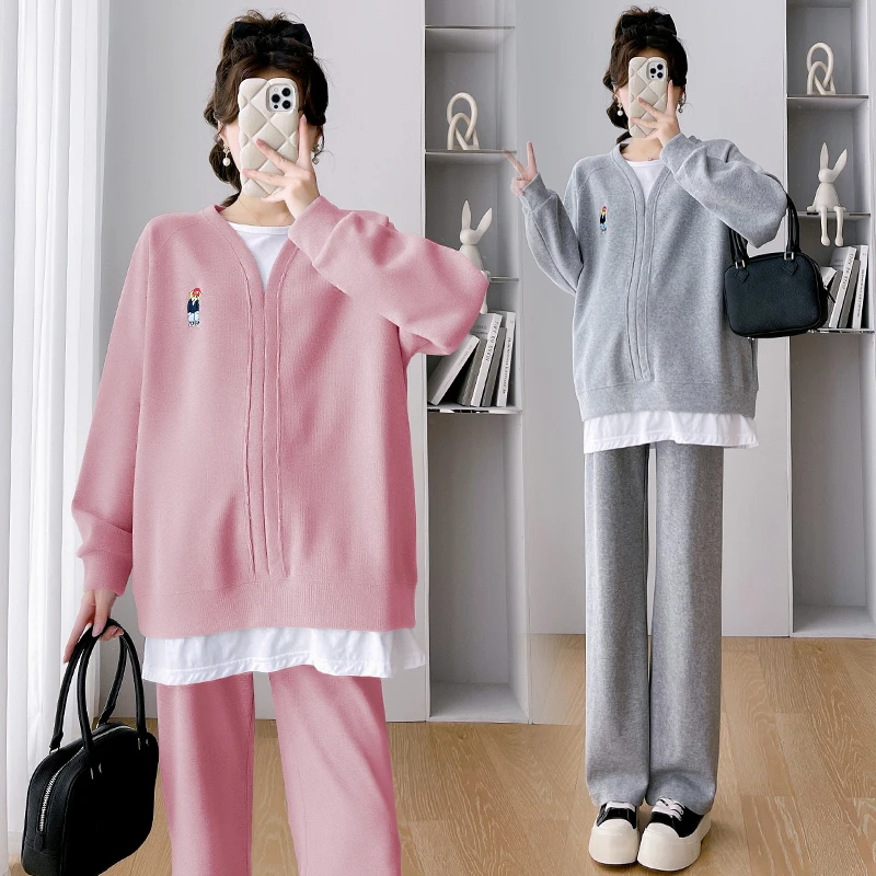 孕妇装春秋款休闲套装2025新款时尚洋气假两件上衣托腹裤子两件套