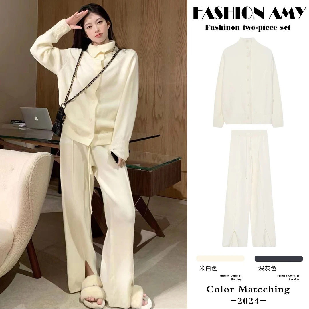 孕妇套装秋冬新款时尚韩版休闲慵懒显瘦针织毛衣开衫开叉阔腿裤子