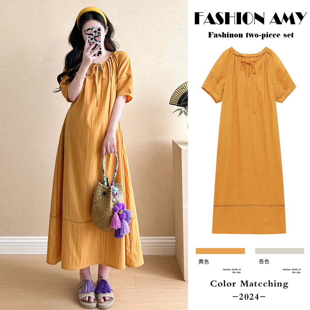 孕妇连衣裙夏季新款时尚韩版多巴胺灯笼袖气质显瘦V领系带长裙子1