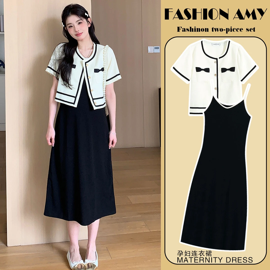 孕妇连衣裙夏装新款2024时尚韩版显瘦吊带裙洋气小香风外套两件套