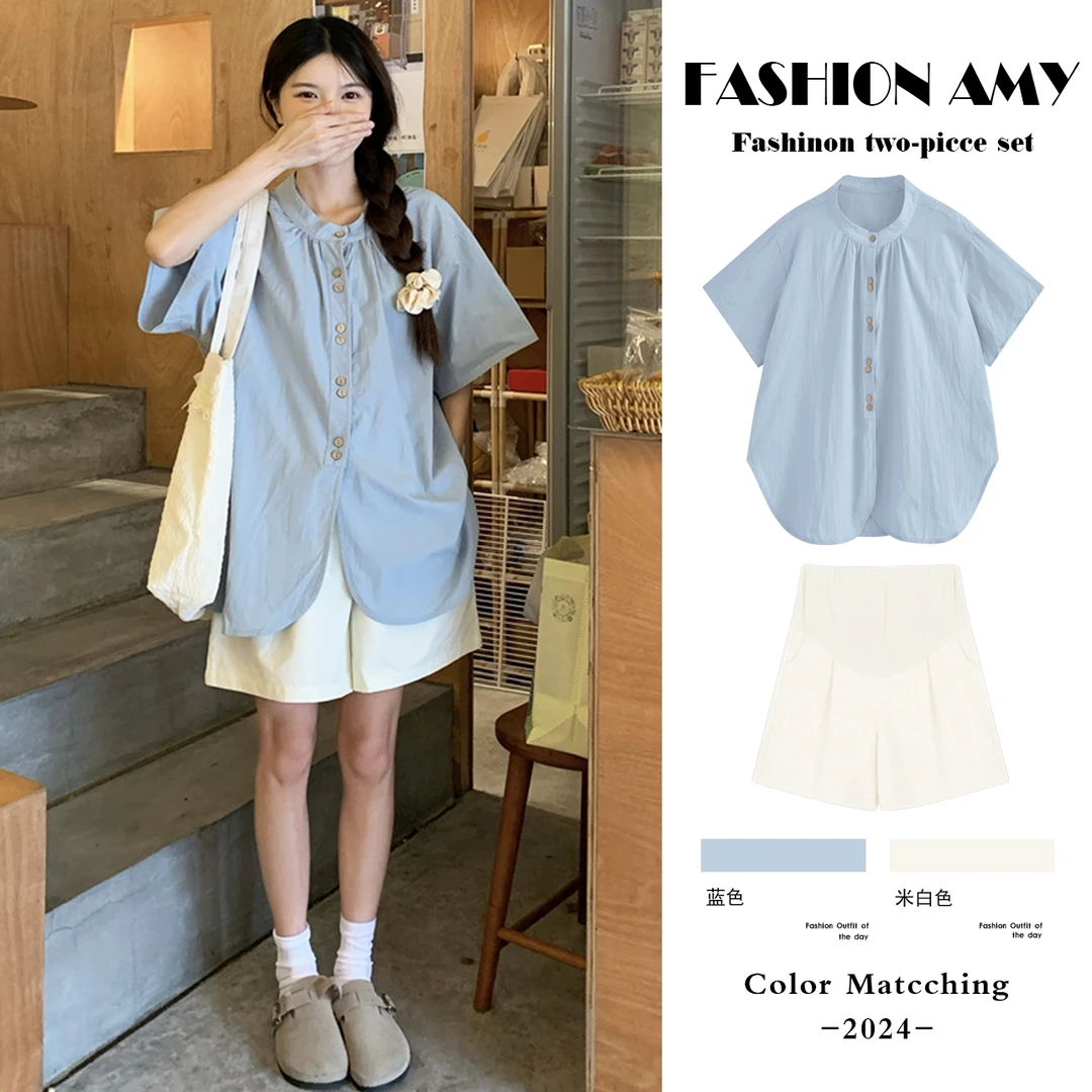 孕妇装夏装新款2025时尚韩版宽松中长款显瘦短袖衬衫上衣休闲短裤