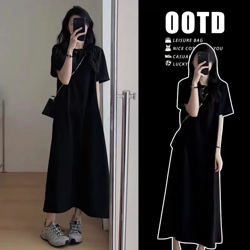 孕妇装夏装连衣裙新款时尚韩版宽松圆领夏季遮肚显瘦休闲长款裙子