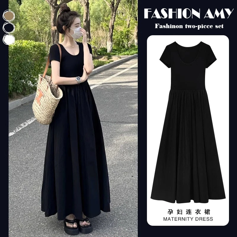 孕妇连衣裙夏装新款2024时尚韩版法式赫本风短袖气质显瘦小黑裙潮