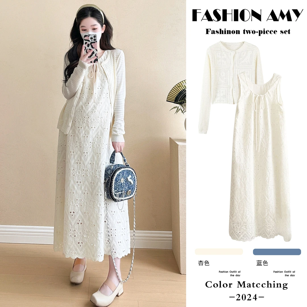 孕妇连衣裙春夏新款时尚韩版气质显瘦镂空针织上衣优雅蕾丝背心裙