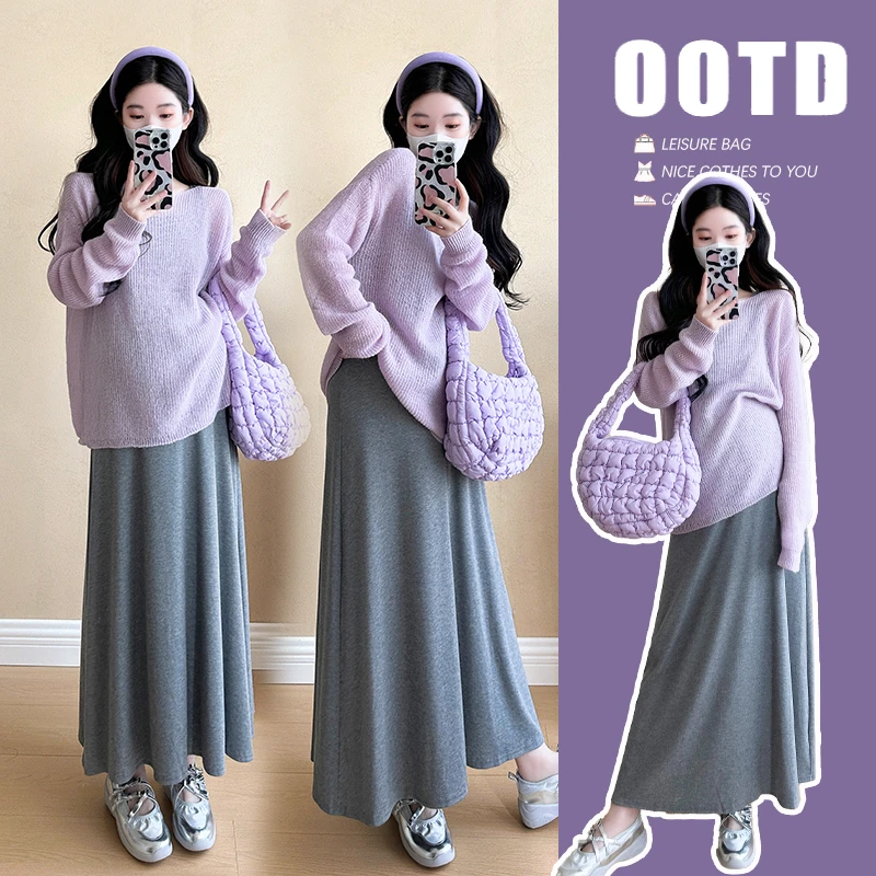 孕妇连衣裙秋装新款时尚韩版宽松多巴胺圆领针织毛衣显瘦吊带裙子