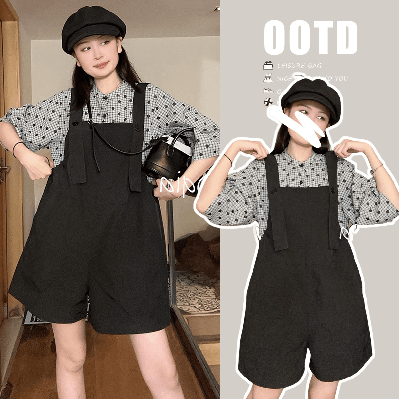 孕妇背带裤夏季新款时尚休闲小个子洋气宽松波点上衣显瘦背带裤子