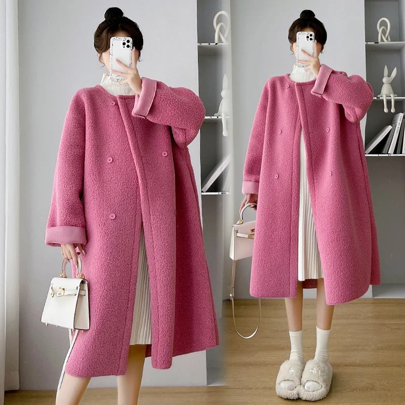 孕妇装冬季新款洋气时髦双排扣圆领羊羔毛大衣外套内搭时尚穿搭