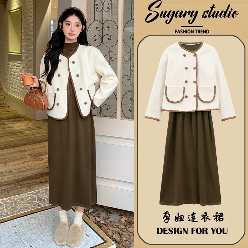孕妇装秋冬套装2023新款时尚小香风薄绒外套气质打底连衣裙两件套